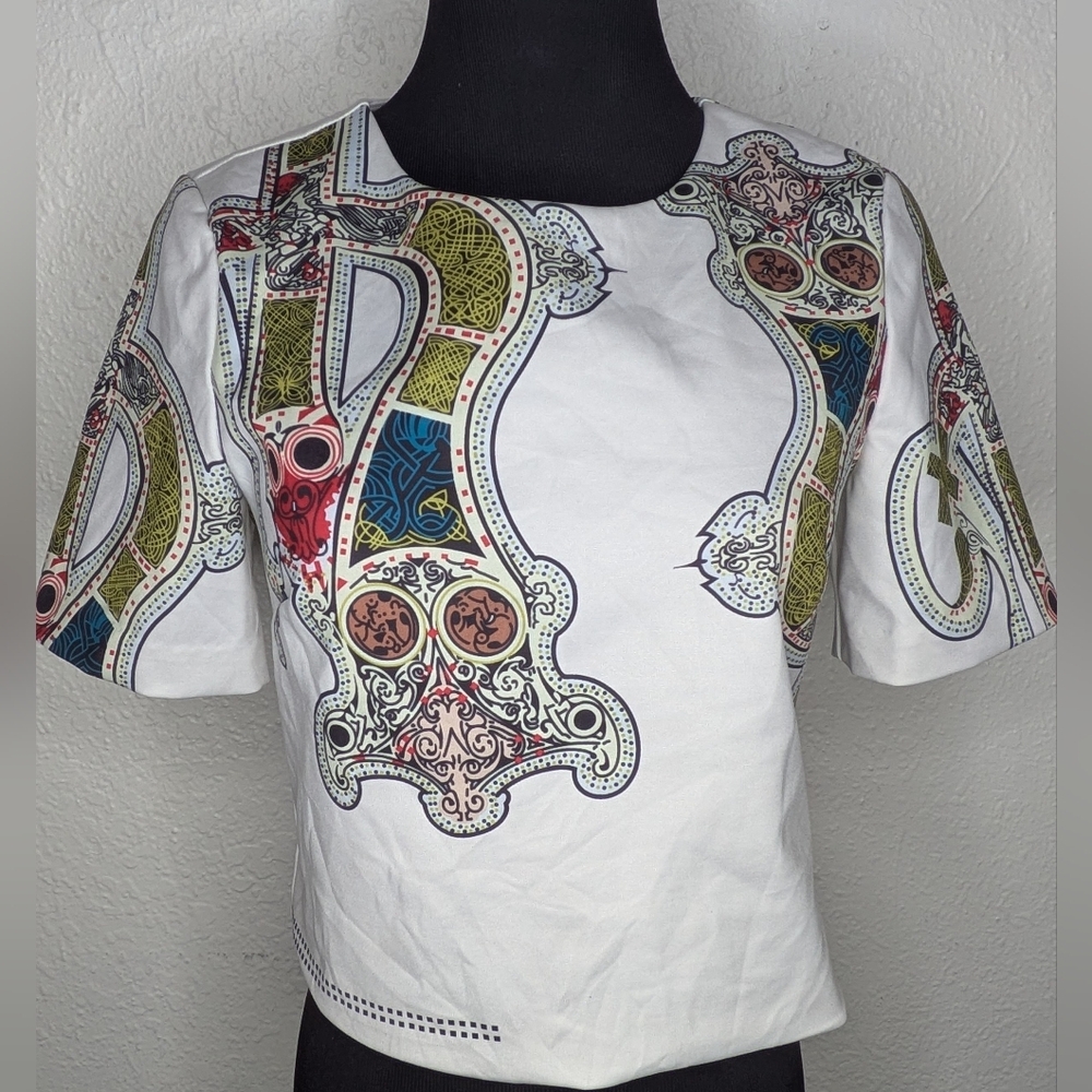 SIYU Short Sleeve Snake Pattern White Side Zip Tailored Crop Blouse Size Small